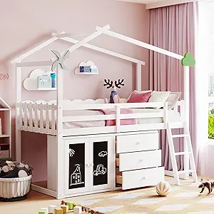 Wooden Twin Size Loft Bed With Drawers,Cabinet Fitted With Black Boards,House Be - £717.00 GBP