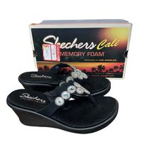 Skechers Cali Wedge Flip Flop Sandals Black w/Rhinestones Memory Foam Wo... - $29.69