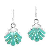 Beach Lover Seashell w/ Green Turquoise Boho Sterling Silver Dangle Earrings - £24.91 GBP