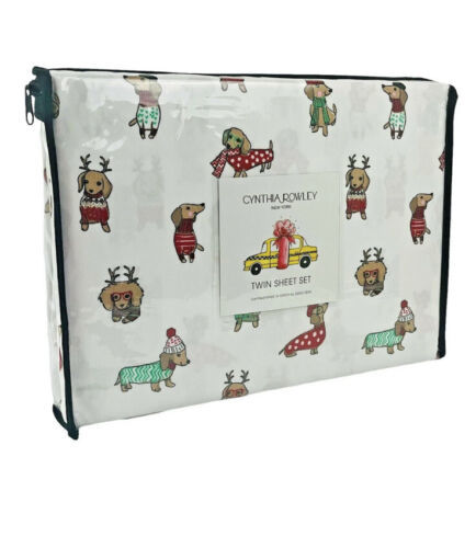 Cynthia Rowley Christmas Dogs Twin Sheets Microfiber Dachsunds in Sweaters - $34.97