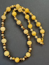 Vintage Long White Pale Yellow &amp; Cream Jade or Other Stone Round Beads w Goldton - £10.42 GBP