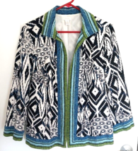 Chico&#39;s Sz 1 Open Front Linen Blend Printed Jacket Size 8 Black White Blue Green - £17.12 GBP