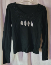 Women's Fashion Shirt Size Small Black Pullover Beads Shiny Long Sleeve ... - $11.99