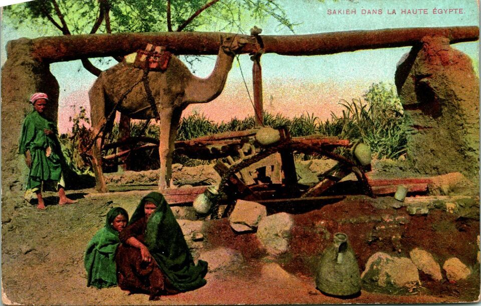 Primary image for Vtg Postcard 1910s Egypt Sakieh Dans la Haute Waterwheel Green 2 Sphynx Stamps