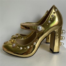 Carved Rose Flower Wedding Shoes Bridal Gold Patent Leather Beading Pearl Rivet  - £95.80 GBP