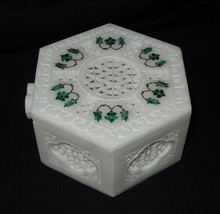 Marble Mosaic Malachite Jewelry Box Fine Trinket Pietra Dura Inlay Decor... - £206.24 GBP