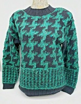 Vtg Hand Knit Wool Blend Pullover Sweater Green Black Houndstooth Size Small S - $33.66