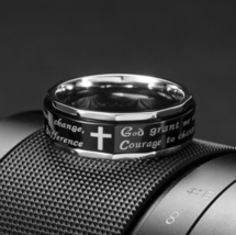 Quality 316L Stainless Steel 8mm &quot;Serenity Prayer&quot; Black Lined Rotation Ring - £15.72 GBP