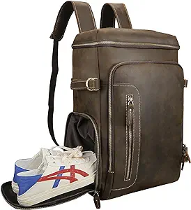 Vintage Full Grain Genuine Leather Backpack 18&quot; Laptop Bag With Shoe Com... - $259.99