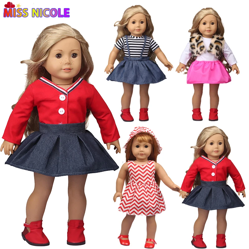 Girl&#39;s Gift 18&#39;&#39; Fashion Doll T-shirt Jean Skirt Set Retro Red For 43 Cm New - £8.20 GBP+