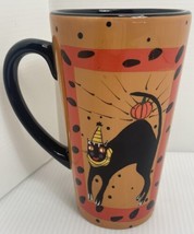 Sharon Bloom Latte Mug Hand-Painted Cup Halloween Black CAT Scary Cute Cat - £8.17 GBP