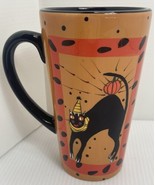 Sharon Bloom Latte Mug Hand-Painted Cup Halloween Black CAT Scary Cute Cat - £8.20 GBP