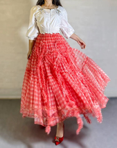 Red Plaid Ruffle Tulle Skirt Women Custom Plus Size A Line Long Tulle Skirt