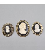 Cameo Brooch Lot (3) Pins Gold Tone Black White Female Profile C Clasp - $39.99