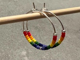 Rainbow Hoop Earrings, LGBTQ earrings, Gay Pride, Multicolor Beaded hoops, Simpl - £16.02 GBP