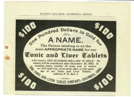 1902 Tonic And Liver Tablets Name Contest Antique Print Ad Win 100 Dollars - £10.03 GBP