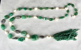 Estate Natural Emerald Tumble Beads Diamond Pearl 18K Gold Necklace Earring Set - £5,284.40 GBP