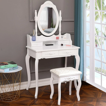 White Dressing Vanity Table and Stool Set Wood Makeup Desk with 4 Drawer... - $135.77
