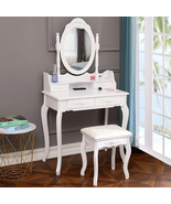 White Dressing Vanity Table and Stool Set Wood Makeup Desk with 4 Drawer... - $135.77