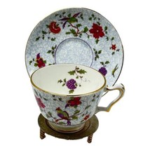 Crown Staffordshire Teacup &amp; Saucer Blue Floral Birds Paradise c 1911 Bo... - $62.32