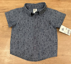 OshKosh Baby B&#39;Gosh 12M Blue Chambray Anchor Print Button Up Shirt Short Sleeve - £15.18 GBP