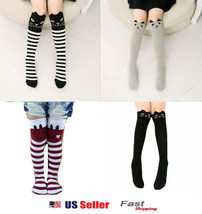 Toddlers Kids Girls Cotton Cat Striped Grey Bear Knee High Socks 2-7Y - £6.40 GBP