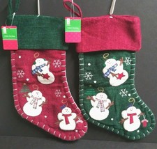 Vtg Fabric Christmas Red &amp; Green Snowman Snowflakes 18&quot; Stockings (Qty 2... - £15.94 GBP