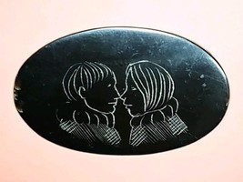 Vtg Etched Plastic Brooch Couple Portrait Black Oval Pin MCM Lucite Cell... - $23.22