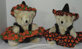 Stuffed Tan Halloween Bear With Witch Hat 12&quot; Black Orange Pumpkins Decoration - £15.43 GBP