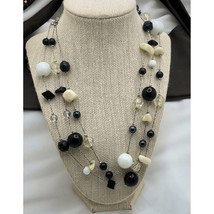 Vintage Beaded Necklace Multi Strand Black White Silver Tone Costume - £15.75 GBP