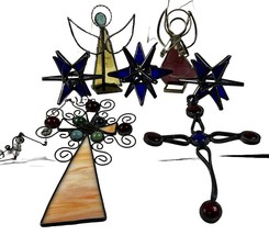 Stained Glass Lot of 7 Cobalt Blue Snowflake Ornaments 4 Handmade Angel &amp;Crosses - $51.40