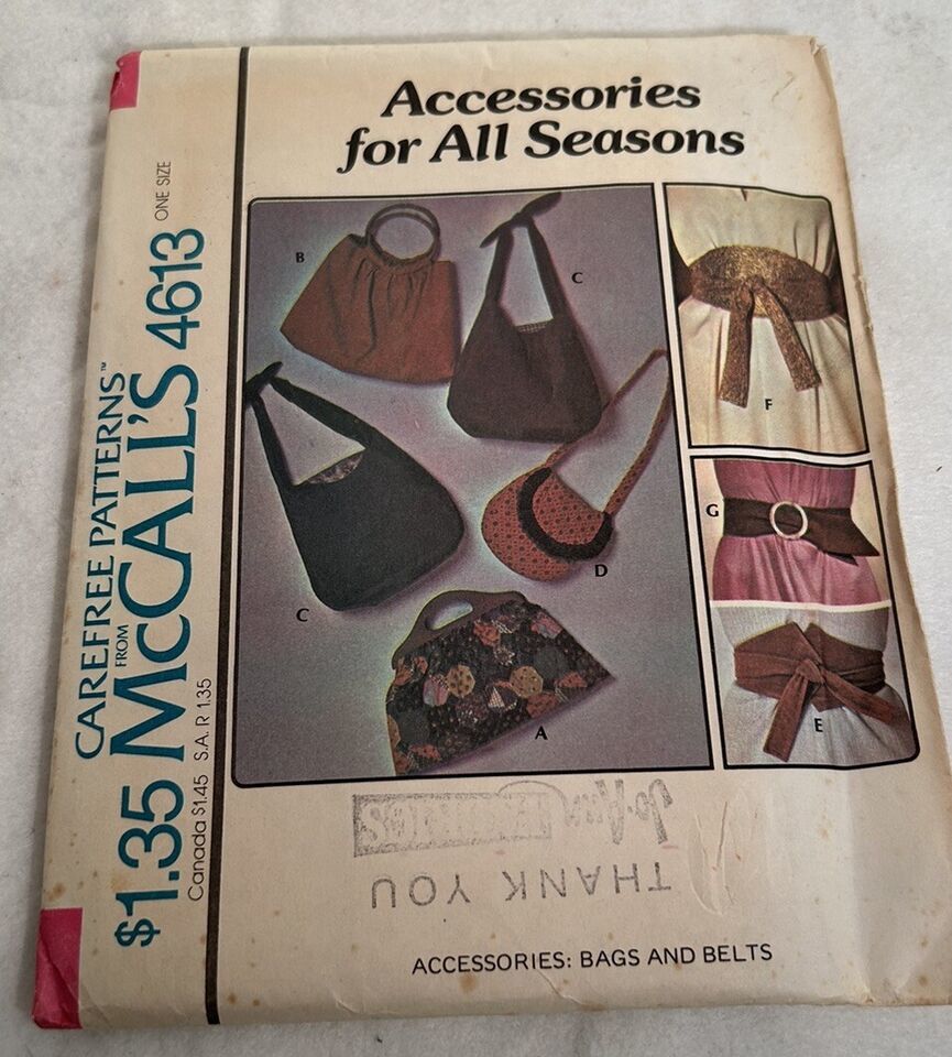 Primary image for Carefree Sewing Pattern from McCalls #4613 Accessories: Bags&Belts  Vintage 1975