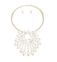 Gold Plated Crystal Pearl Sunburst Shaped Slide Pendant Collar Necklace Set - £62.07 GBP