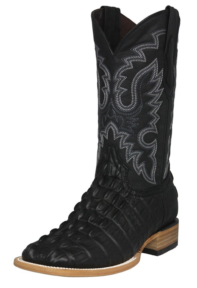 Mens Black Cowboy Boots Leather Crocodile Tail Print Western Wear Square... - $119.50