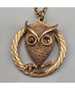 Vintage Owl Pendant Necklace Gold Tone Brown Rhinestone Eyes 24&quot; Chain - $24.99