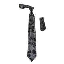 Mens Narrow Tie/Hankie Set Woven Vito Rofolo VTR-109 Black White Paisley image 2