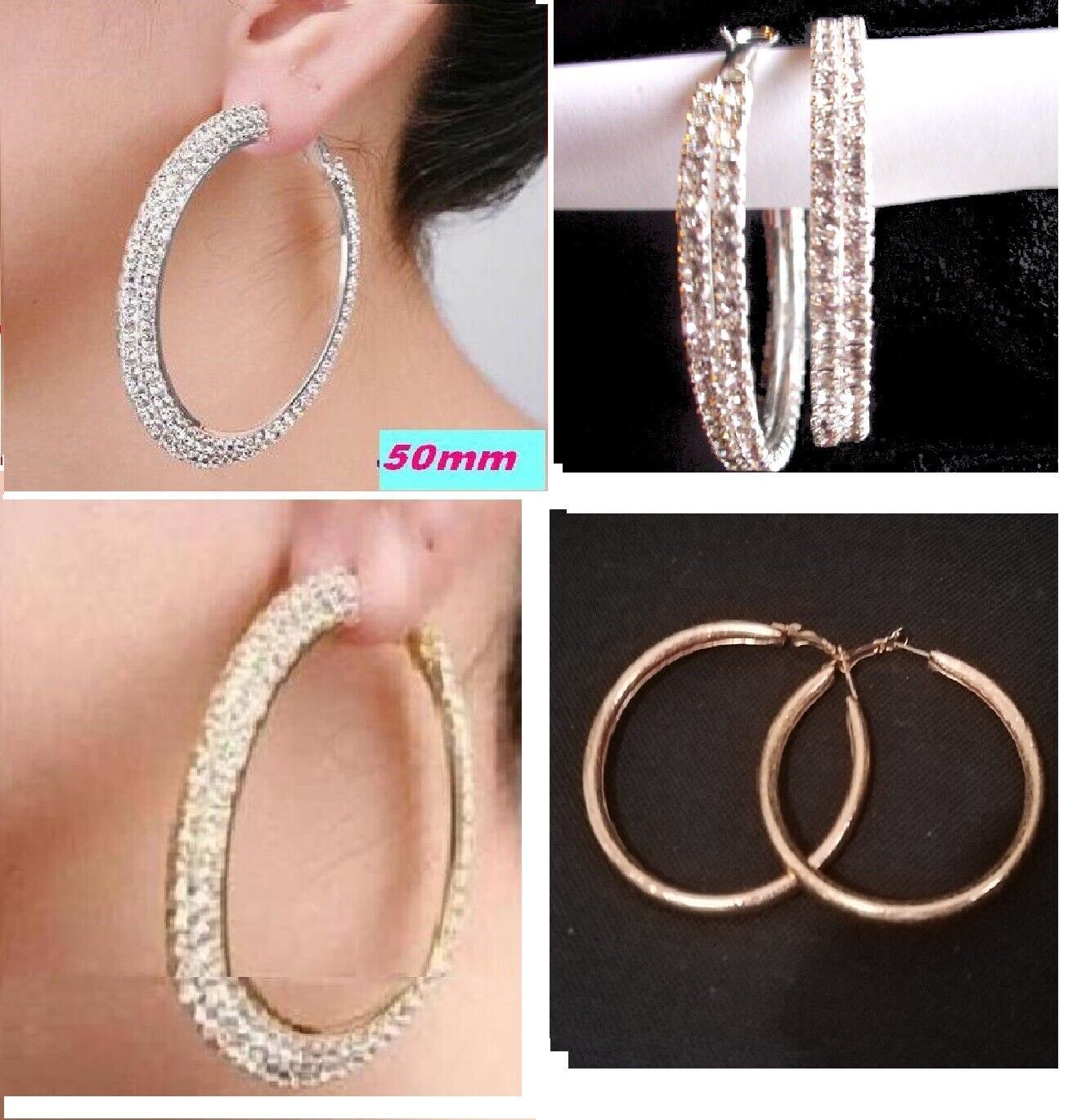 2 Row Silver Tone Crystals Hoop Earrings -Round, Flatback, 50mm, 35mm Choose - £9.77 GBP