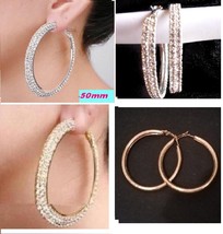 2 Row Silver Tone Crystals Hoop Earrings -Round, Flatback, 50mm, 35mm Ch... - £10.26 GBP