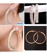 2 Row Silver Tone Crystals Hoop Earrings -Round, Flatback, 50mm, 35mm Ch... - $17.79 CAD