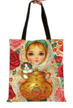 Russian Girl Cat and Jar Tote Shoulder Bag Doll Print Canvas Folk Art Gi... - $16.37