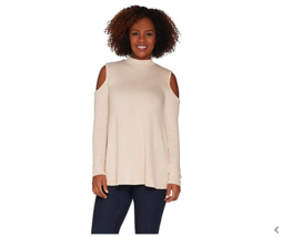 Lisa Rinna Collection Cold Shoulder Knit Top with Back Detail Oatmeal X-Small - £10.50 GBP