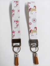 2 Wristlet Key Fob Keychain Faux Leather Horses Floral with Brown Tassel New - £5.40 GBP