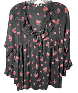 Gap Women's Top Ruffle Neck Long Sleeve Front Tie Peplum Shirt Sz L Black Floral - $13.85