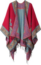 Women&#39;s Printed Tassel Open Front Poncho Cape Cardigan Wrap Shawl - $80.92