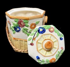 VTG Hotta Yu Shoten Biscuit Jar Basketweave Floral Majolica Lid + Handle Japan - £23.07 GBP