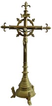 Antique Crucifix Cross Religious Gothic Styling Fleur De Lis Jesus Large Brass - £189.03 GBP