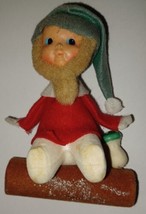 Vintage Flocked Elf on Log Ornament Japan Rubber Face - £15.72 GBP