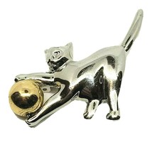 Vintage Brooch Silver Cat Playing With Gold Tone Ball - $9.89