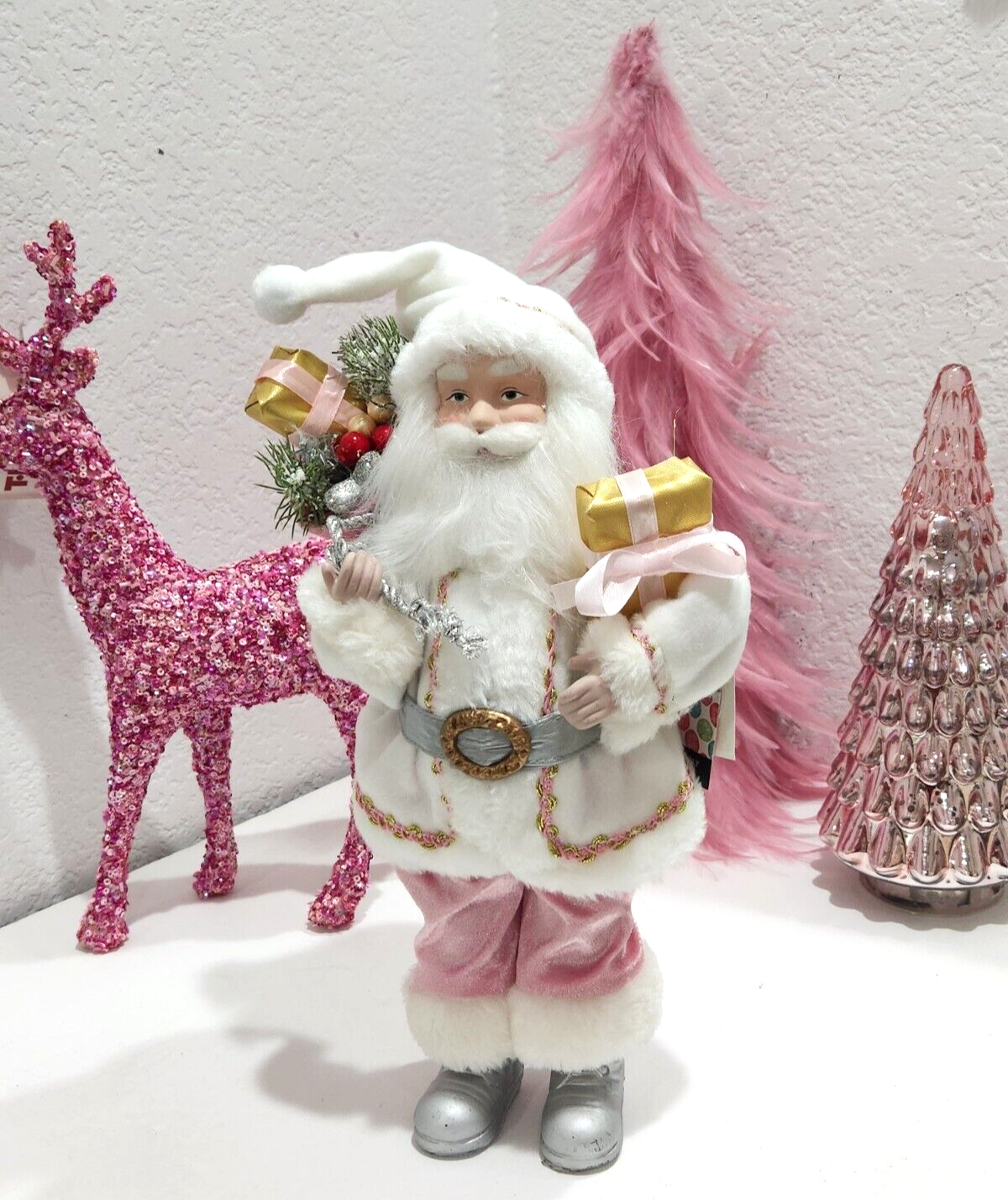 Christmas Pink Shabby Chic Santa Claus Doll Figurine Figure Decor 12&quot; - $34.99