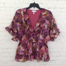 Sofia Jeans By Sofia Vergara Blouse Womens Medium Purple Floral V Neck Peplum - £14.95 GBP